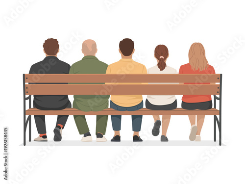 A group of five people sitting on a bench together, facing away from the viewer.