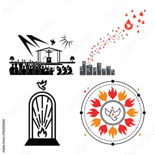 Holy spirit dove and praying hands with flame christian icon bundle