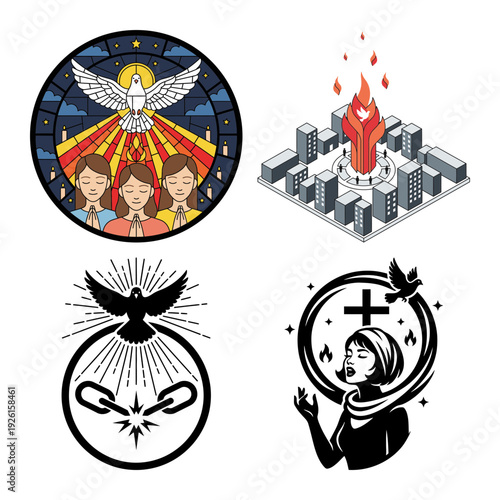 Christian dove cross church silhouette logo icon bundle
