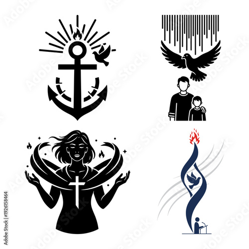 Holy spirit flame swirl with people and ember icons bundle