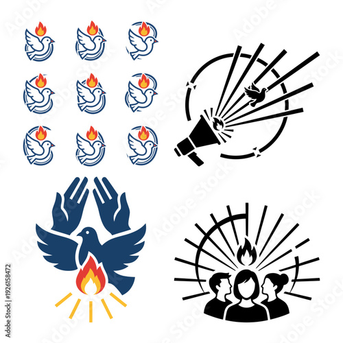 Christian fellowship bible study with holy spirit flame icon bundle