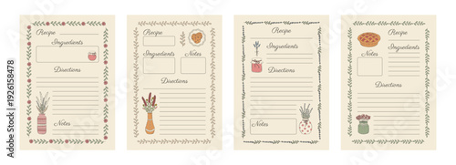 Printable cottagecore recipe card set with hand drawn vintage botanical frames, jam jars, flowers, desserts, pie, cookies. Kitchen vector templates for recipes, cooking notes.