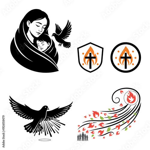 Christian faith infinity flame dove bible and handshake icon bundle