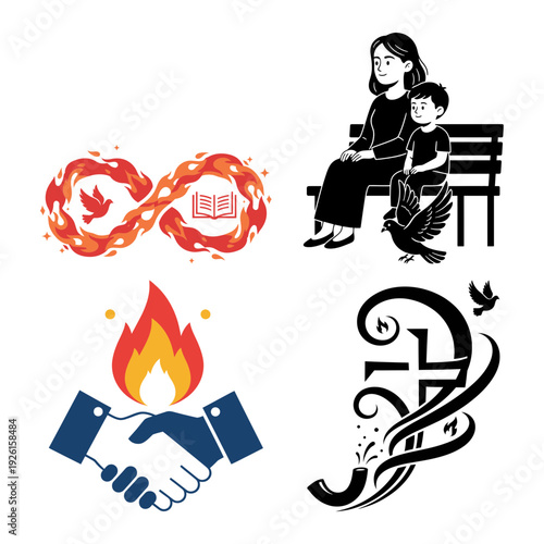 Pentecost stained glass worship scene and city flame icon bundle