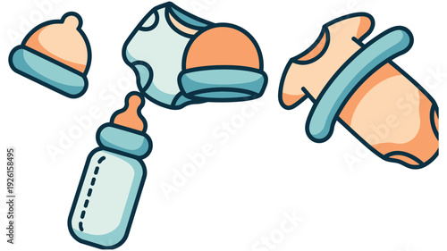 Baby items illustration including bottle and pacifier in cartoon style