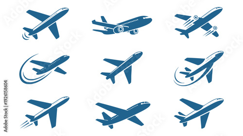 Collection of stylized airplane icons in various flight positions