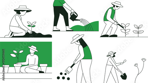 Gardener illustration set with people planting and tending to plants