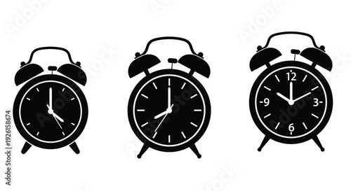 Three vintage alarm clocks displaying different times black silhouette