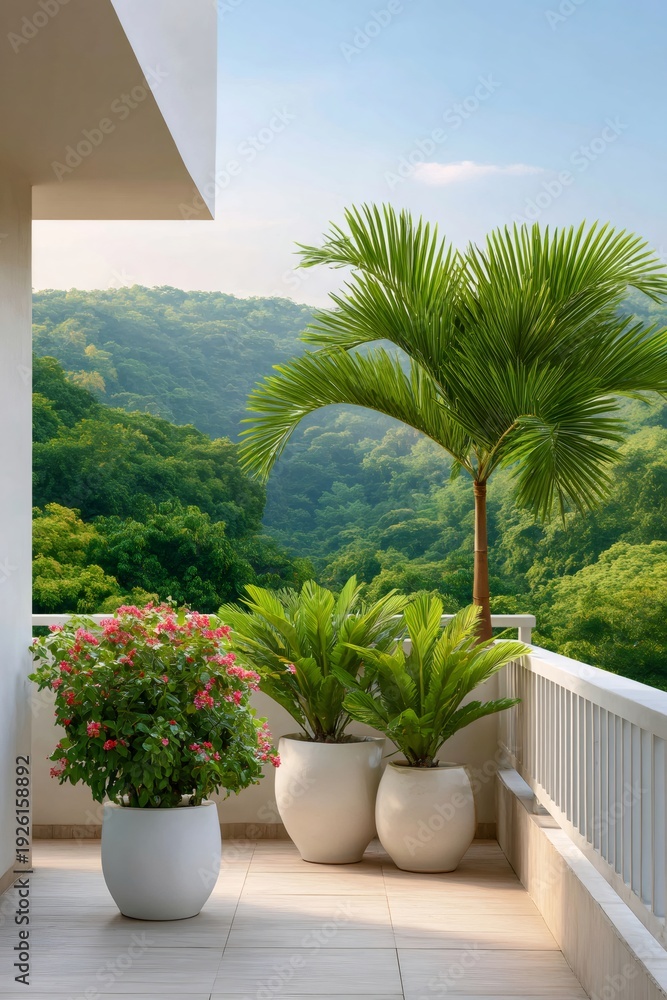 Fototapeta premium Balcony view over lush mountain landscape