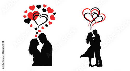 Romantic couple embracing amidst hearts a loving silhouette