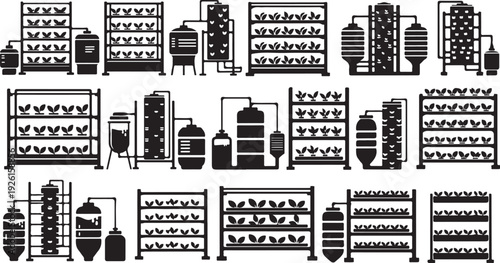 Black and white cityscape icons and buildings collection