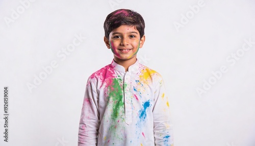 Adorable Indian Baby Boy Wearing White Kurta Splashed with Vibrant Holi Colors Isolated on White Background