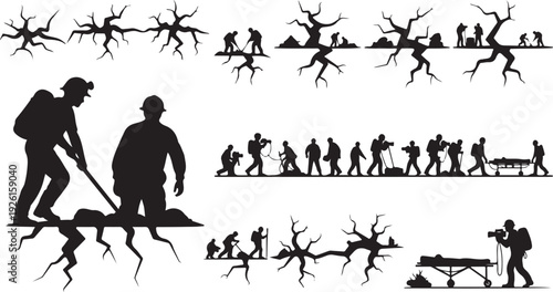 Silhouette of people working and digging in various scenes