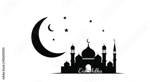 Crescent moon and mosque with eid adha text black silhouette