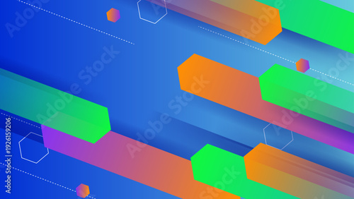 Stylish cyan backdrop featuring colorful 3D geometric blocks and floating hexagon shapes for creative media