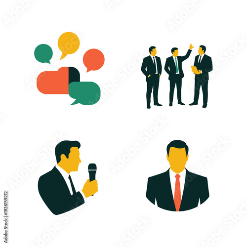 Illustrations of business people communicating and presenting ideas