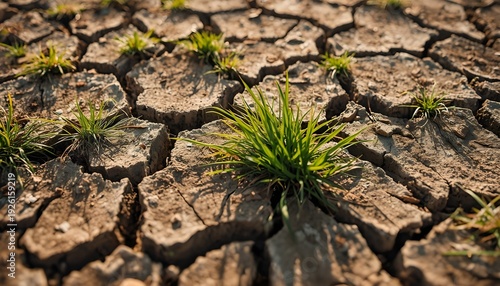 A patch of green grass grows in a dry, cracked earth landscape on a sunny day