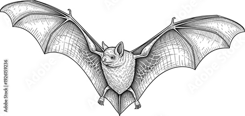 Flying Bat Engraving Style Black and White Illustration