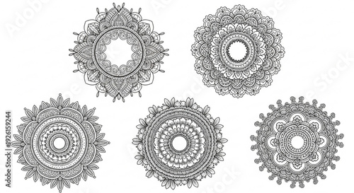 Set of five intricate mandala designs black and white ornate patterns circular shapes decorative elements on a white background for art craft and design projects