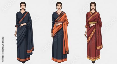 Three women wearing traditional indian saris in blue orange and red with gold accents standing against a white background