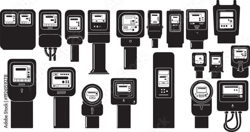 Collection of various utility meters and devices illustration set