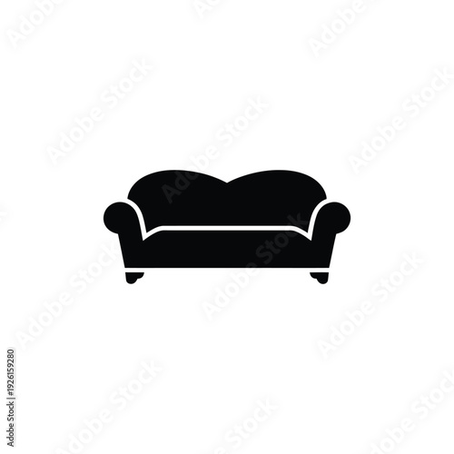 A simple black silhouette of a sofa on a white background.