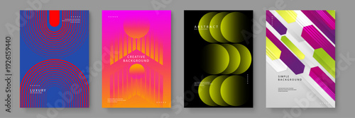Collection of four professional abstract backgrounds featuring minimalist line art vibrant gradients and bold geometric compositions for creative projects