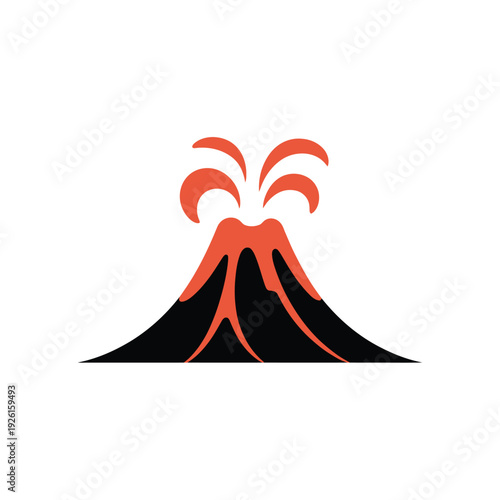 A stylized illustration of a volcano erupting with red lava and smoke.