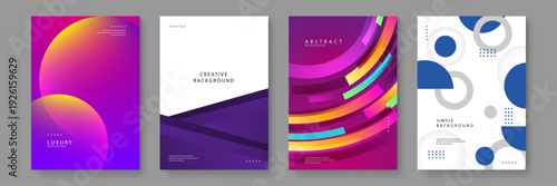 Set of four diverse abstract posters including fluid gradients bold purple layers colorful arc patterns and minimalist blue circles