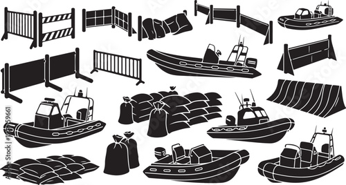 Black and white illustration of boats and barriers set