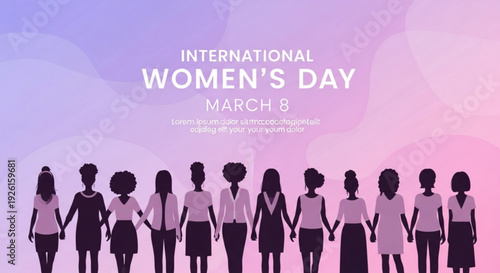 International women's day march 8 illustration with diverse women silhouettes in purple background