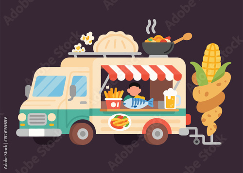 A Little Boy Selling Food in a Food Truck Illustration Creative Design Template 