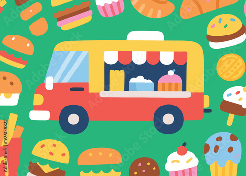 Cartoon Food Truck Illustration Creative Design Template 