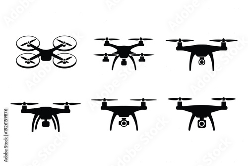 Various pose drone vector set with six quadcopter silhouettes in different angles for design and stock projects, top ranked drone perspective graphics, flight angle icons, tech product designs,