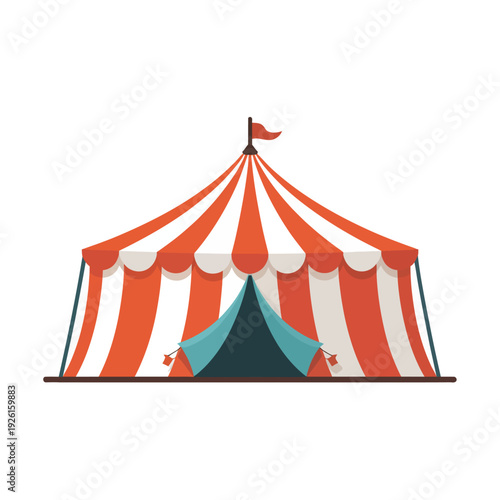 A vibrant red and white striped circus tent with a flag on top.