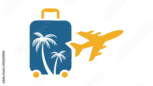 Vacation symbolized by a suitcase and airplane with tropical palm trees