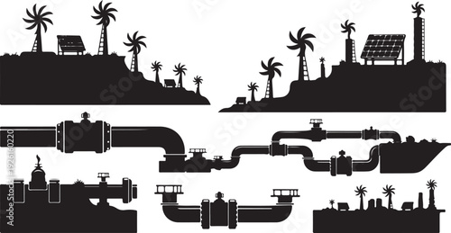 Industrial pipeline and island silhouettes with solar panels installed