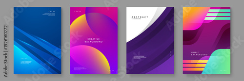 Collection of four abstract poster templates featuring modern liquid gradients and professional geometric layouts for corporate identity or creative events