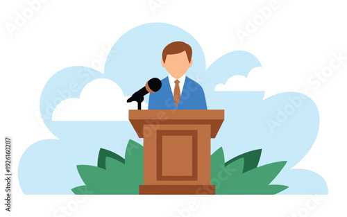 A cartoon man stands at a podium giving a speech or presentation.