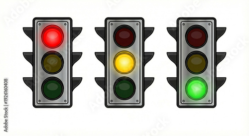 Three traffic lights displaying red, yellow, and green signals for road safety and urban traffic control