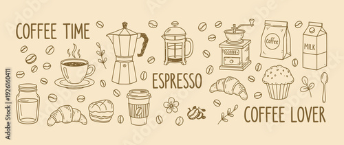 Different abstract vintage food illustration set hand drawn food line art doodle sketch style. Vintage crayon drawn coffee cups, filter, french press. Italian brunch and breakfast sketch ink elements