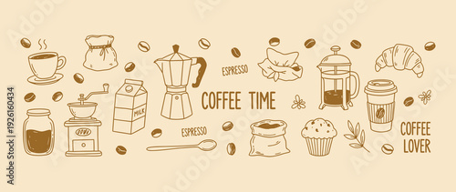 Different abstract vintage food illustration set hand drawn food line art doodle sketch style. Vintage crayon drawn coffee cups, filter, french press. Italian brunch and breakfast sketch ink elements