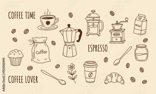 Different abstract vintage food illustration set hand drawn food line art doodle sketch style. Vintage crayon drawn coffee cups, filter, french press. Italian brunch and breakfast sketch ink elements