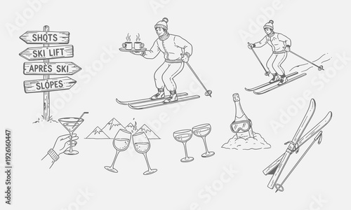 Hand drawn doodle après ski essentials collection. Winter activities mountain sport activities. Man and woman dressed in winter clothing in the ski resort