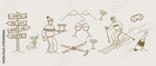 Hand drawn doodle après ski essentials collection. Winter activities mountain sport activities. Man and woman dressed in winter clothing in the ski resort