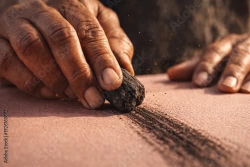 Hands Dragging Rough Charcoal Across Textured Watercolor Paper