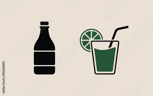 A simple graphic of a bottle and a glass with a lime wedge and straw.