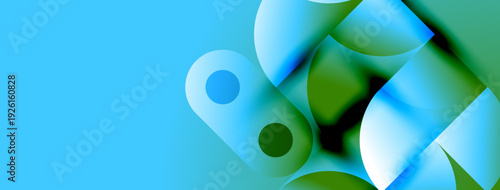 Abstract fluid shapes, blue, green hues blend. Smooth gradients create dynamic composition, modern aesthetic. Minimalist design.