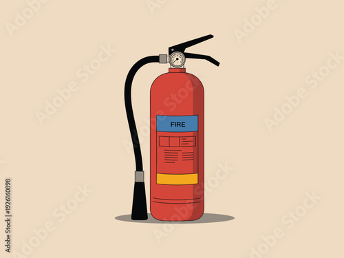 A red fire extinguisher with a hose on a beige background is visible.
