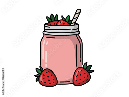 A mason jar filled with pink strawberry smoothie and topped with a straw and strawberries.